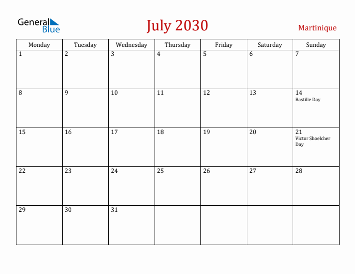 Martinique July 2030 Calendar - Monday Start