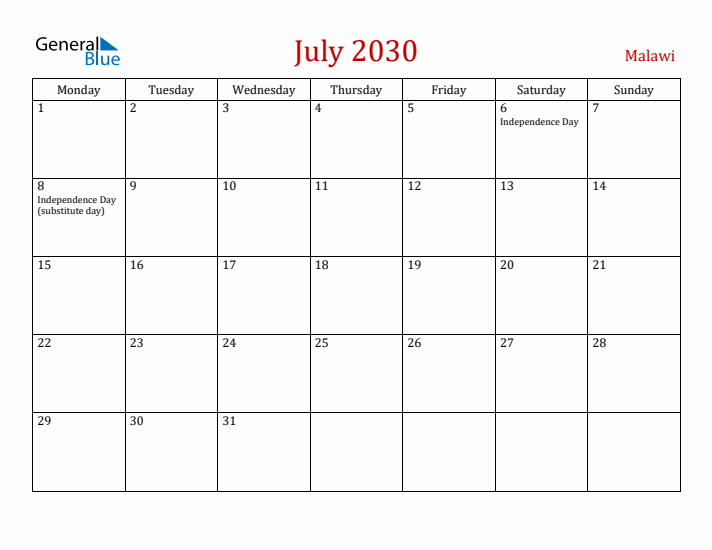 Malawi July 2030 Calendar - Monday Start