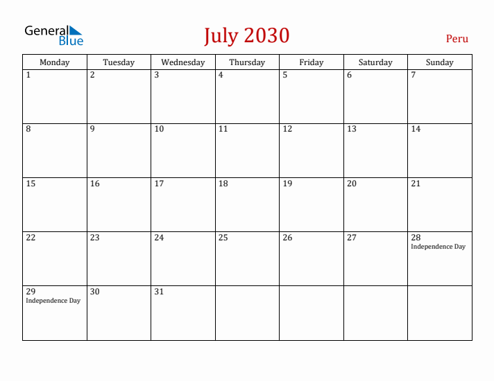 Peru July 2030 Calendar - Monday Start