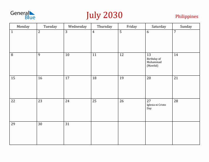 Philippines July 2030 Calendar - Monday Start
