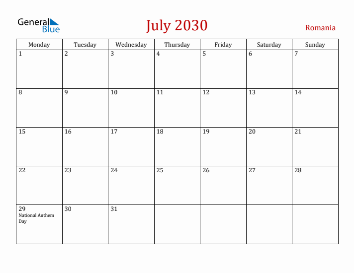 Romania July 2030 Calendar - Monday Start