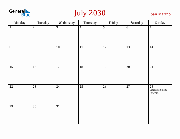 San Marino July 2030 Calendar - Monday Start