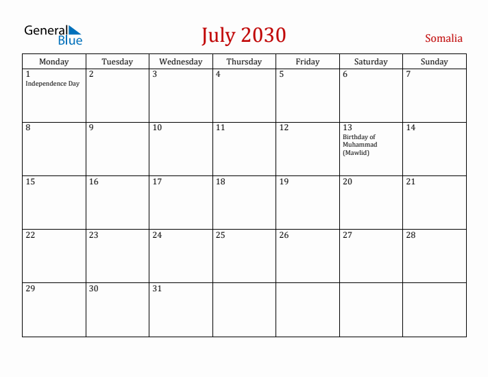 Somalia July 2030 Calendar - Monday Start