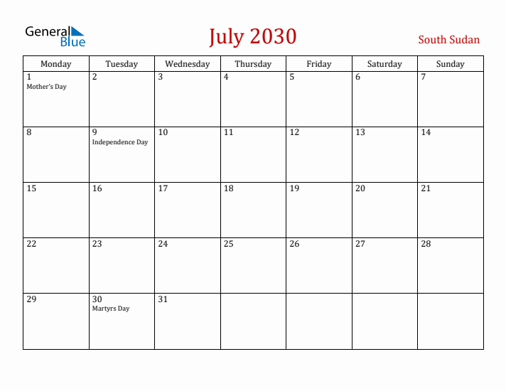 South Sudan July 2030 Calendar - Monday Start