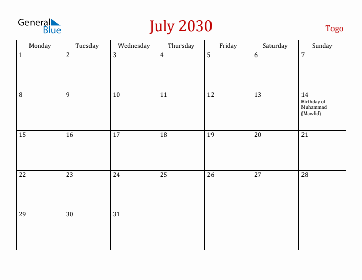 Togo July 2030 Calendar - Monday Start