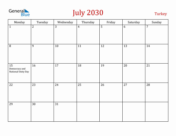 Turkey July 2030 Calendar - Monday Start