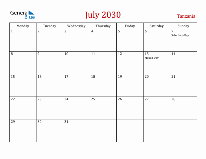 Tanzania July 2030 Calendar - Monday Start