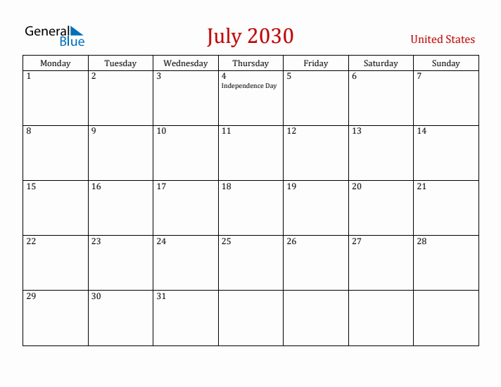 United States July 2030 Calendar - Monday Start