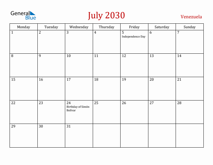 Venezuela July 2030 Calendar - Monday Start