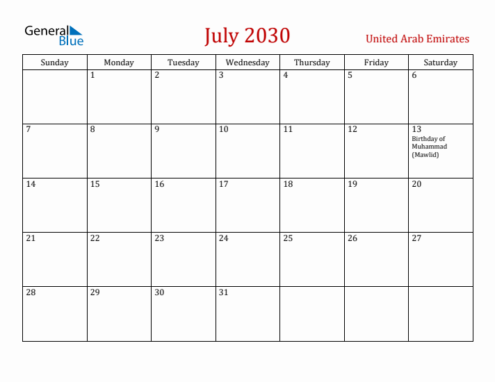 United Arab Emirates July 2030 Calendar - Sunday Start