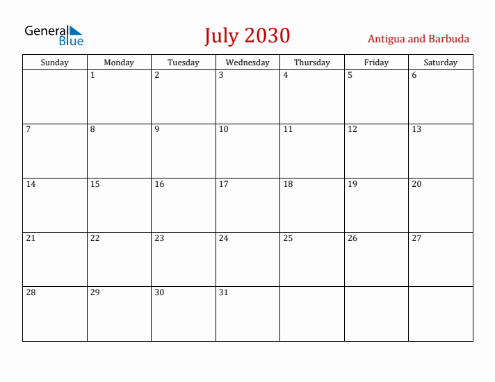 Antigua and Barbuda July 2030 Calendar - Sunday Start