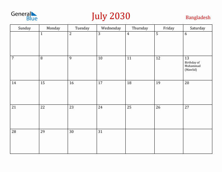 Bangladesh July 2030 Calendar - Sunday Start