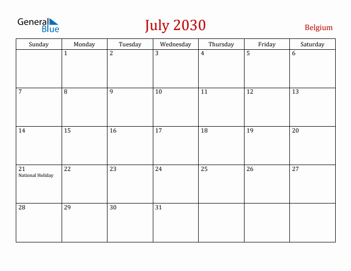 Belgium July 2030 Calendar - Sunday Start