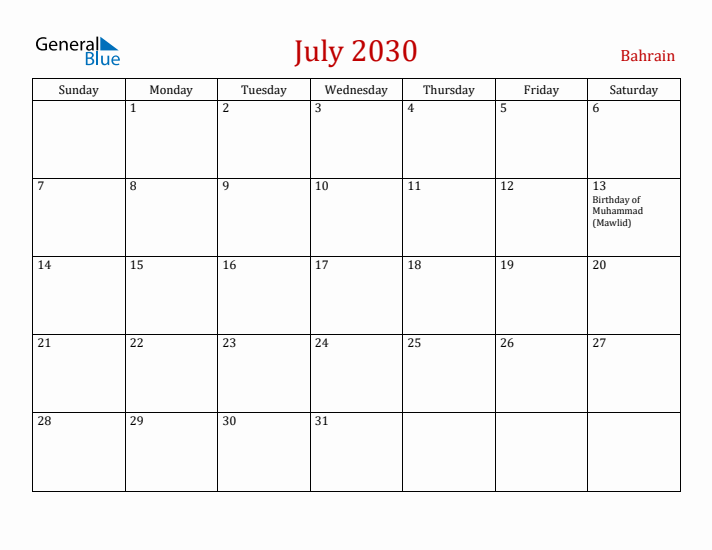 Bahrain July 2030 Calendar - Sunday Start