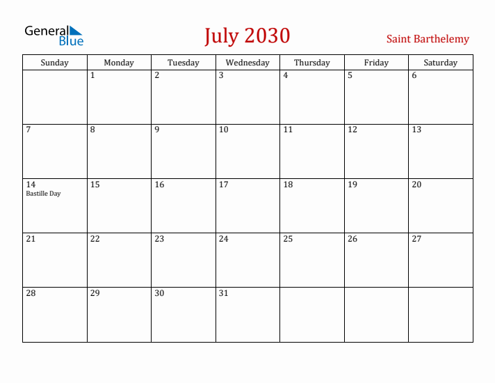 Saint Barthelemy July 2030 Calendar - Sunday Start