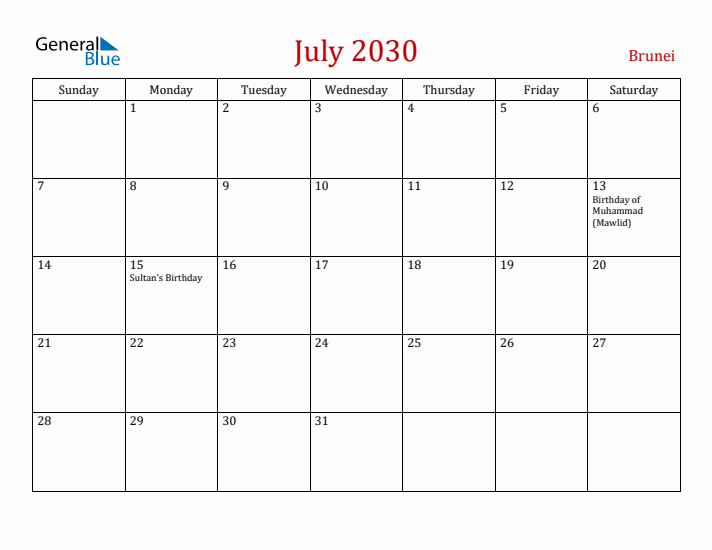 Brunei July 2030 Calendar - Sunday Start
