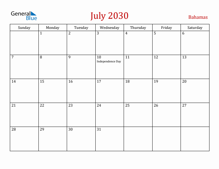 Bahamas July 2030 Calendar - Sunday Start