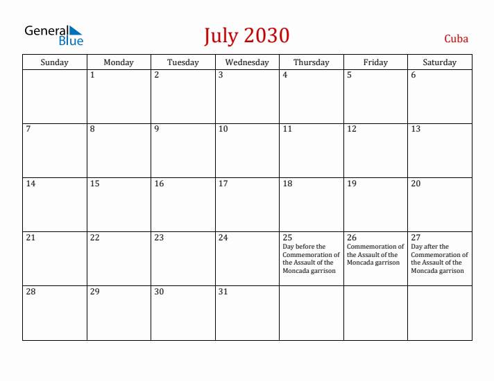 Cuba July 2030 Calendar - Sunday Start