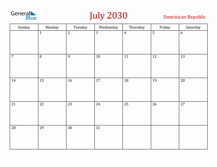 Dominican Republic July 2030 Calendar - Sunday Start