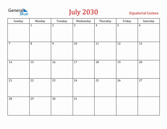 Equatorial Guinea July 2030 Calendar - Sunday Start