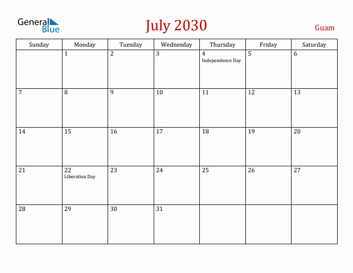 Guam July 2030 Calendar - Sunday Start