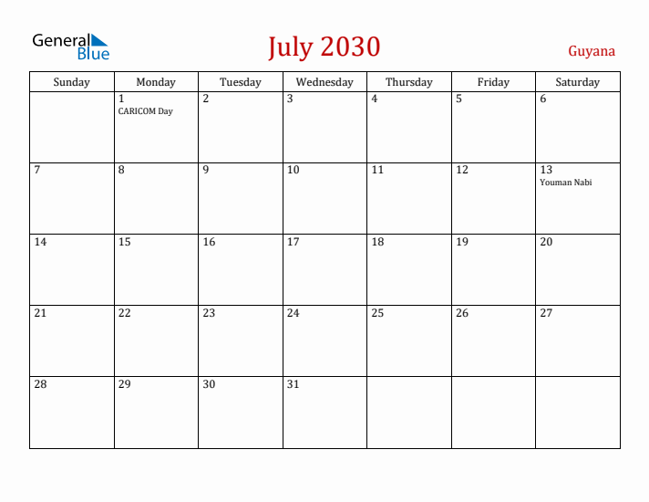 Guyana July 2030 Calendar - Sunday Start