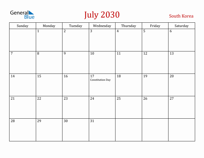 South Korea July 2030 Calendar - Sunday Start