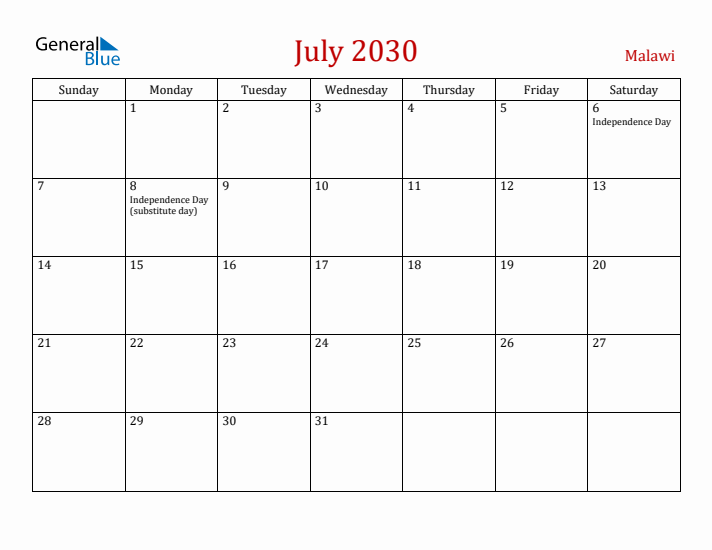 Malawi July 2030 Calendar - Sunday Start