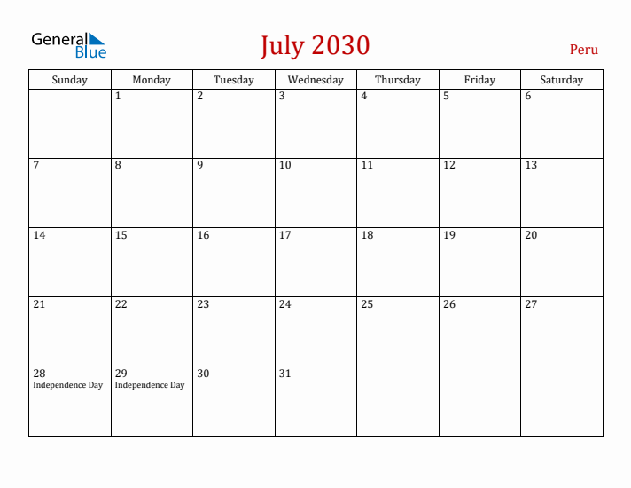 Peru July 2030 Calendar - Sunday Start