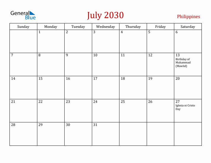 Philippines July 2030 Calendar - Sunday Start