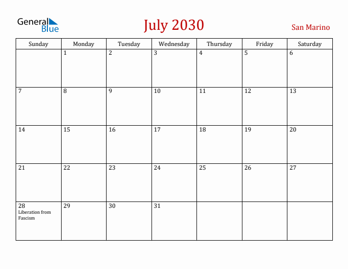 San Marino July 2030 Calendar - Sunday Start