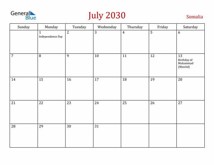 Somalia July 2030 Calendar - Sunday Start