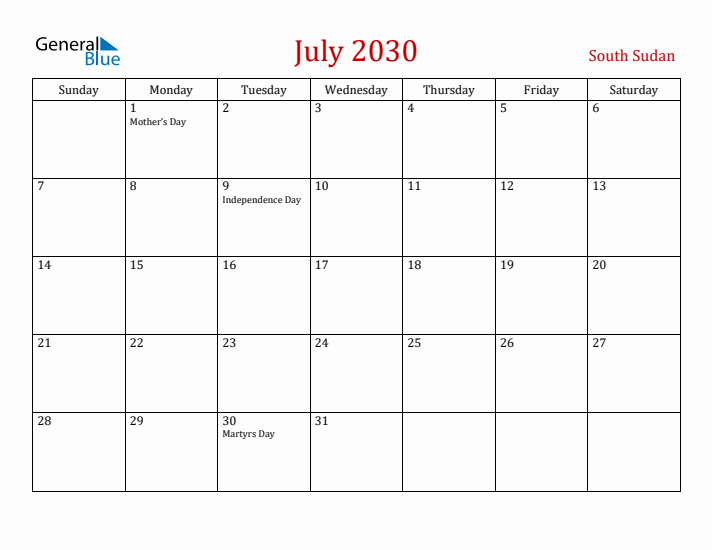 South Sudan July 2030 Calendar - Sunday Start