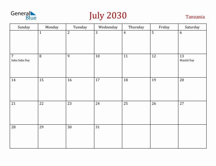 Tanzania July 2030 Calendar - Sunday Start