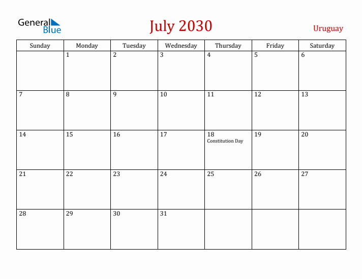 Uruguay July 2030 Calendar - Sunday Start