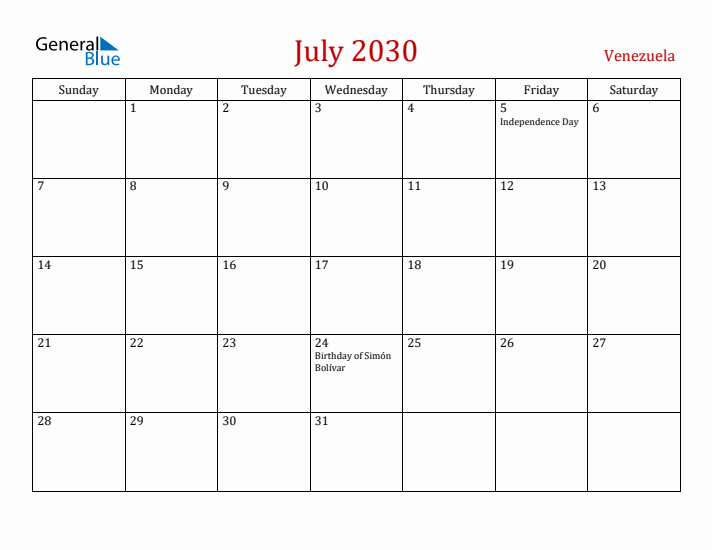 Venezuela July 2030 Calendar - Sunday Start