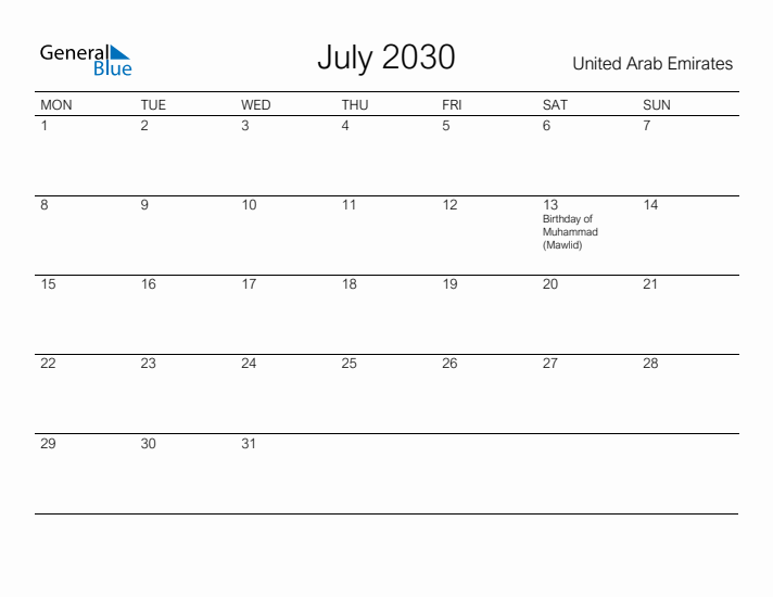 Printable July 2030 Calendar for United Arab Emirates