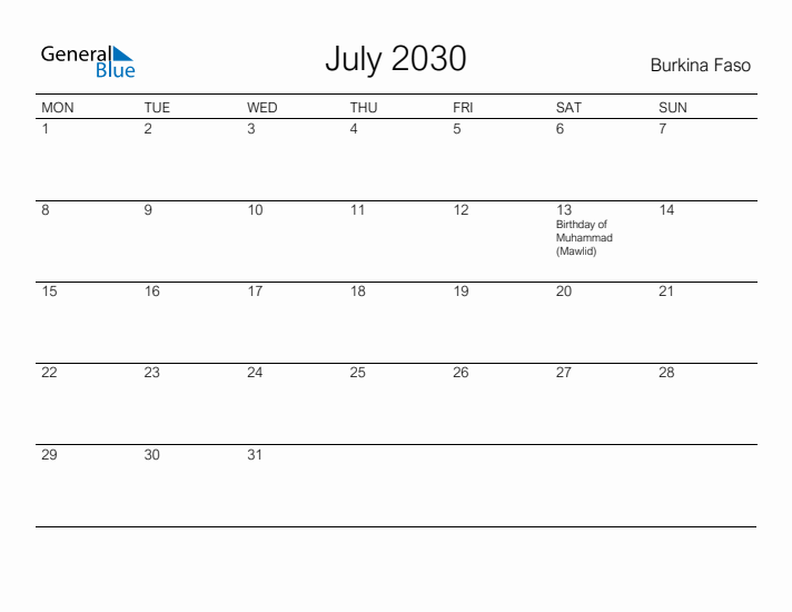 Printable July 2030 Calendar for Burkina Faso