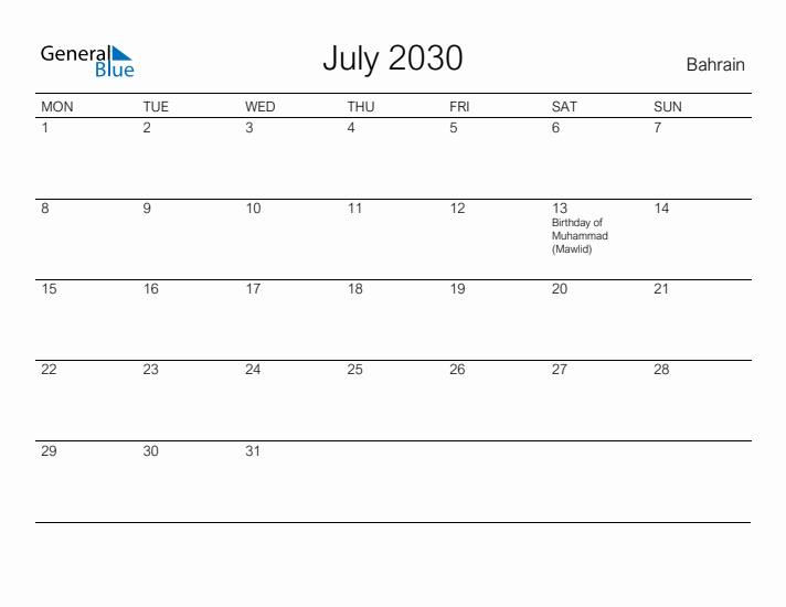 Printable July 2030 Calendar for Bahrain