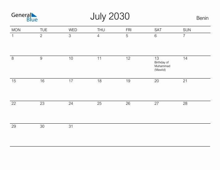 Printable July 2030 Calendar for Benin