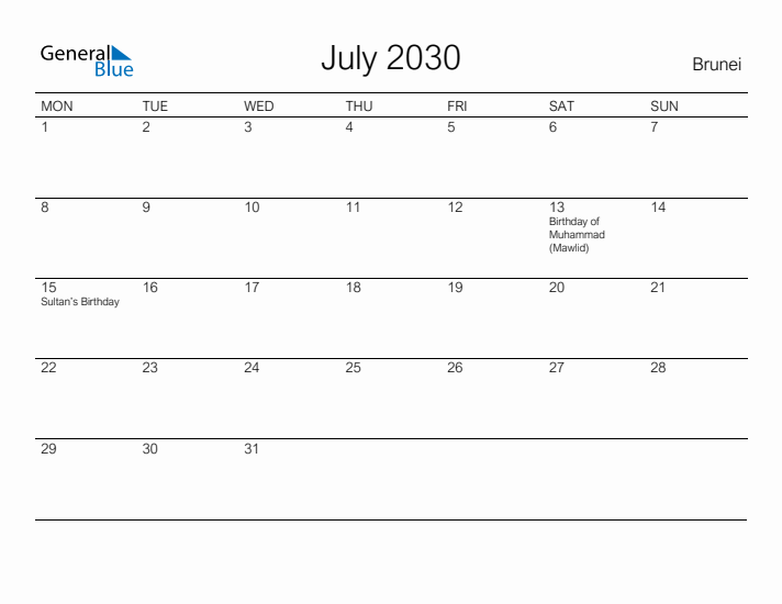 Printable July 2030 Calendar for Brunei
