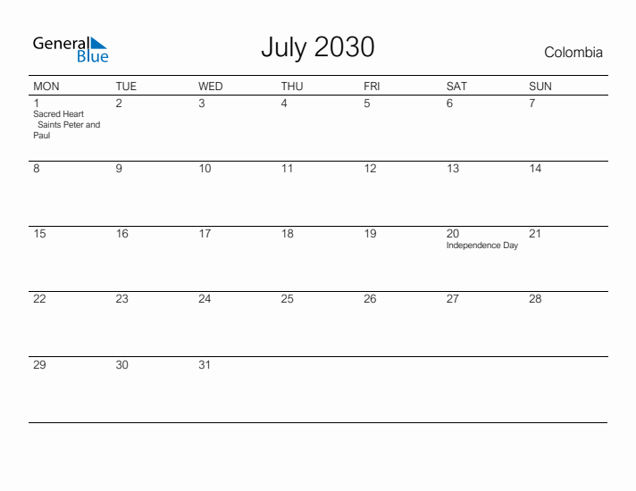 Printable July 2030 Calendar for Colombia