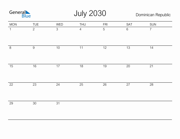 Printable July 2030 Calendar for Dominican Republic