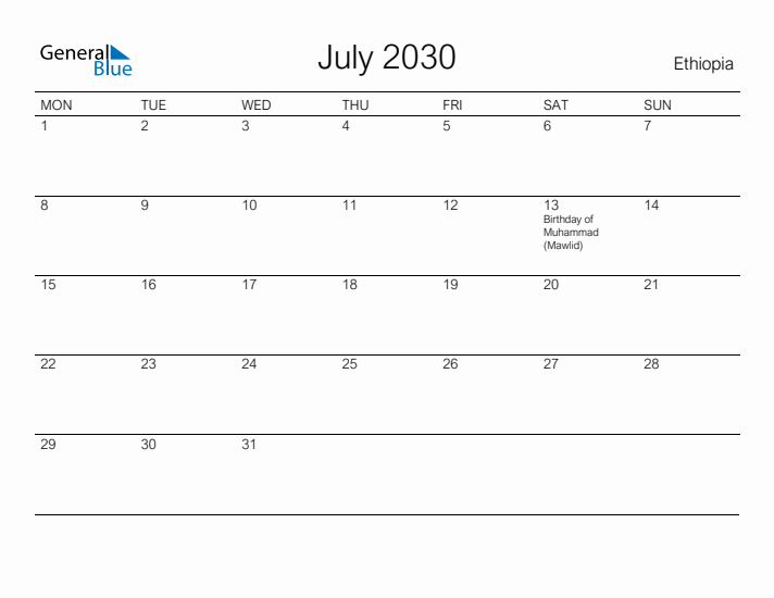 Printable July 2030 Calendar for Ethiopia