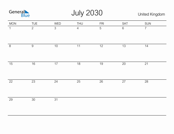 Printable July 2030 Calendar for United Kingdom