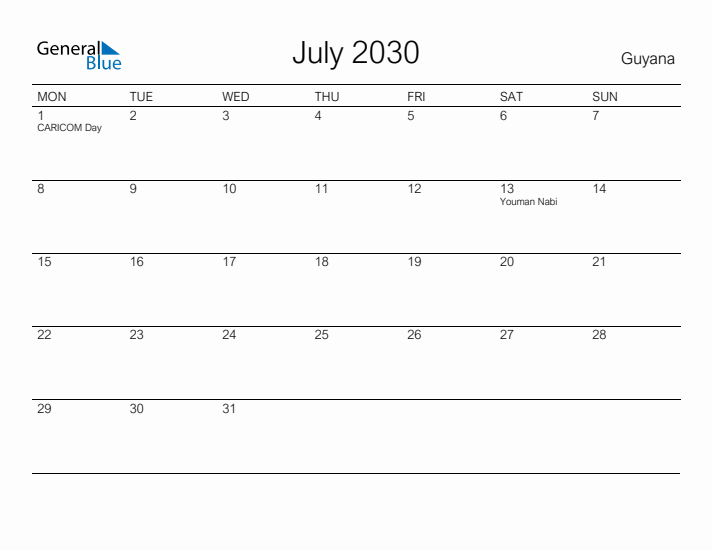 Printable July 2030 Calendar for Guyana