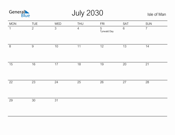 Printable July 2030 Calendar for Isle of Man