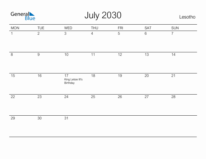 Printable July 2030 Calendar for Lesotho