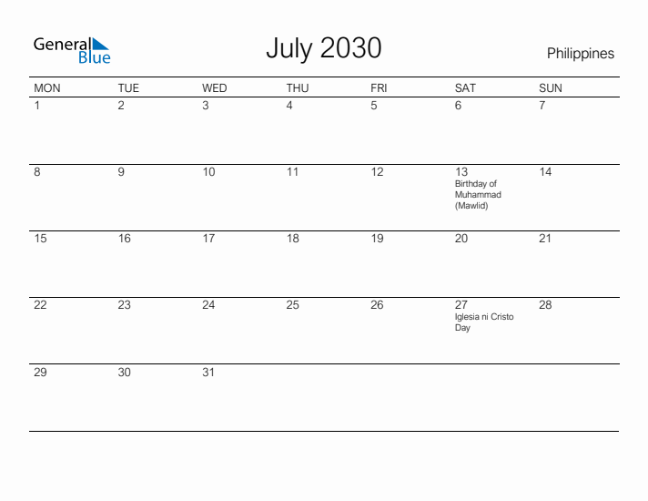 Printable July 2030 Calendar for Philippines