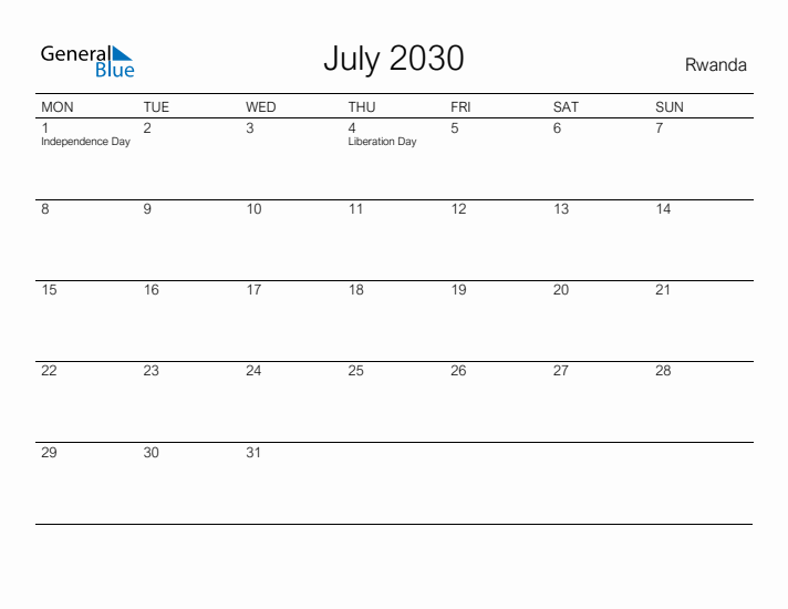 Printable July 2030 Calendar for Rwanda